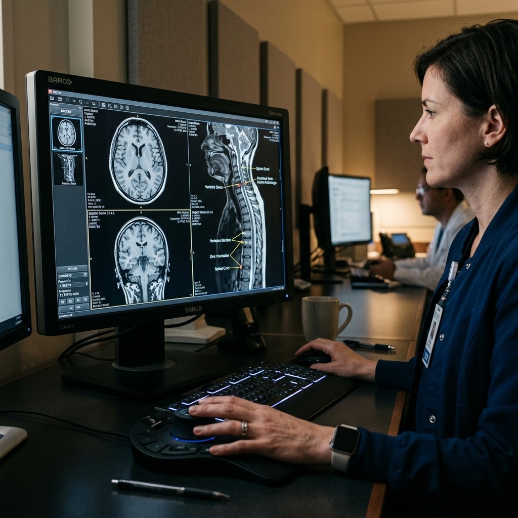 Expert Radiologist reviewing brain and spine MRI scan reports
